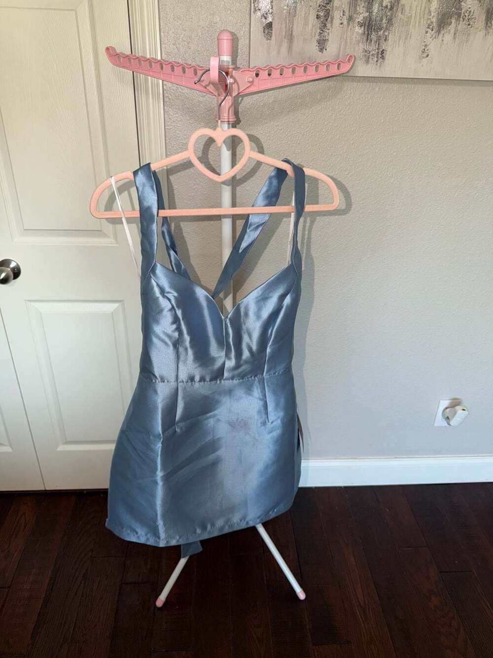 Lulus Posh Moment Slate Blue Taffeta Backless Bow Mini Dress